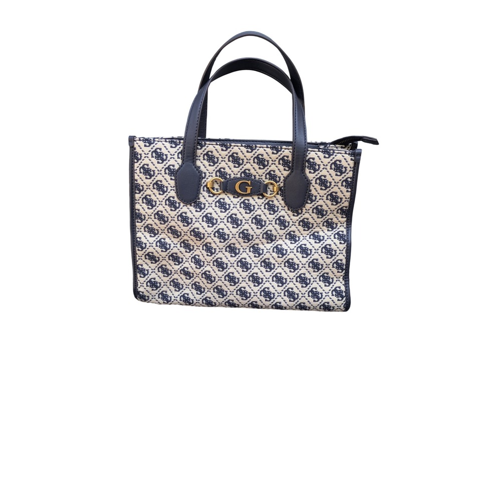 GUESS Blue Logo Jacquard Tote Bag Navy Trim Gold Hardware Handbag - Picture 7 of 8